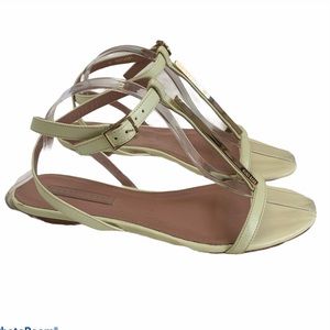 Hugo Boss Pale Green Leather T-Strap Sandals